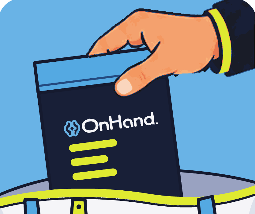 A hand tucking an OnHand pouch into a kit bag