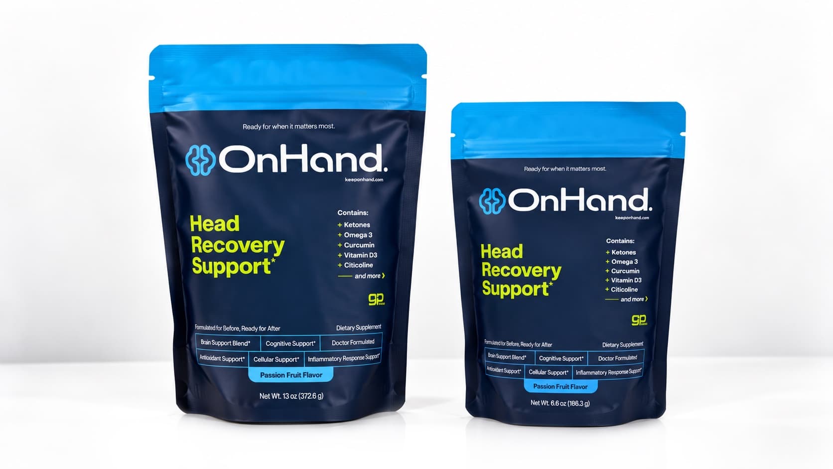 The two OnHand Head Recovery Support pouches, 13 oz and 6.6 oz, side by side